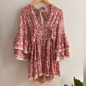 Free people Kristall Berry Red Floral Print Bell Sleeve Mini Dress XS